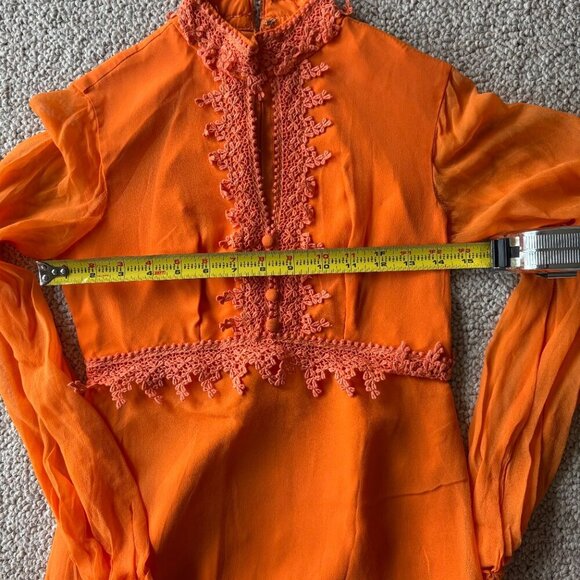 Vintage 1970s Orange Boho Prairie Dress Lace Keyhole Neck – Size S - Picture 15 of 16